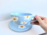 Ceramic Coffee Mug, White and Blue Floral Handpainted Stoneware Tea Cup with Handles, Microwave, V1370-AZ4-06311