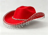 Western Cowboy Hat with Rhinestone Tassel Fringe - Red Felt-Style Party Hat with Decorative Chain V888-ELOSUNG57118-4