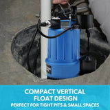 PROTEGE Tight Access Clean/Grey Water Submersible Sump Pump, Vertical Float Switch V219-PMPWTPPTCG1A