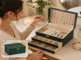 Dark Green Large Lockable Jewellery Box with 3 Drawers PU Leather Jewellery Organiser Case for Rings V888-ELOSUNG54210
