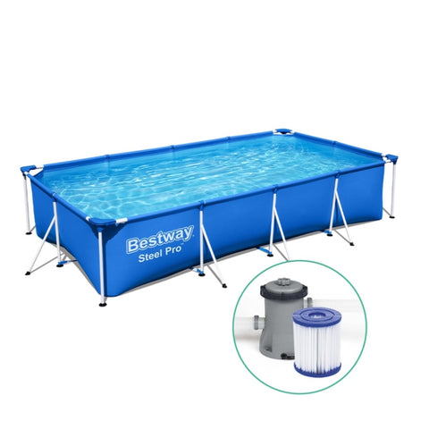 Bestway Swimming Pool 400x211x81cm Steel Frame Above Ground Pools w/ Filter Pump 5700L BW-POOL-SQ-4M-56425