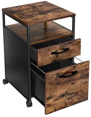 File Cabinet with 2 Drawers, Wheels and Open Compartment Rustic Brown and Black V178-11420