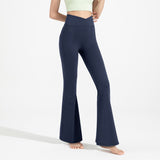 Size M Women's High Waisted Flare Yoga Pants with Side Pockets - Deep Navy Crossover Waistband V888-ELOSUNG57380-2
