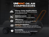 Unimac 100L 2.6kW Industrial Air Compressor, 370L/min 116PSI, Brushless Motor, Long Service Life, V219-TOLACMUM10BA