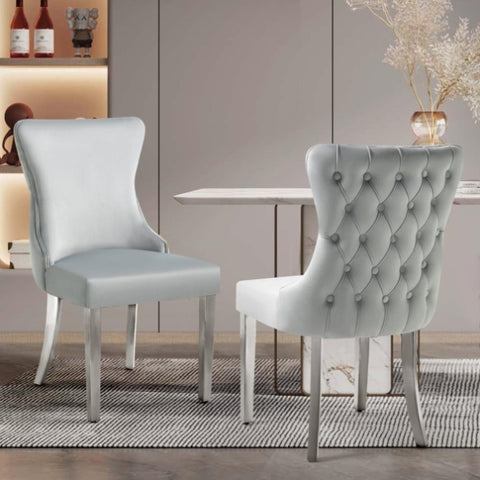 Set of 2 - Paris Light Grey Velvet & Silver Polished Steel Upholstered Dining Chairs Tufted Back V292-DC-PARIS-LGREY-SILVER