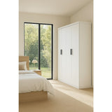 4 Door White Wardrobe Cabinet Hanging Rail, Shelves & Black Handles V63-953111