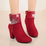 Women's Red Ankle Boots with Side Zipper, Stylish Autumn Winter Formal Footwear, 1 Pair Comfortable V1366-AZ2-W-19167