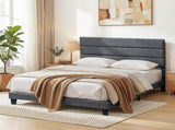 Artiss Double Bed Frame Upholstered Platform Base with Geometric Headboard Charcoal Grey Linen Wood BFRAME-H-HUSH-D-CA-AB