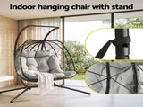 Gardeon Outdoor Swing Chair 2 Seater with Stand Cushion Rattan Patio Furniture HM-EGG-FOLD-D-GREY