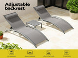 Gardeon 3PC Sun Lounge Outdoor Lounger Steel Table Chairs Patio Furniture Grey FF-LOUNGE-SL-3PCS-GE