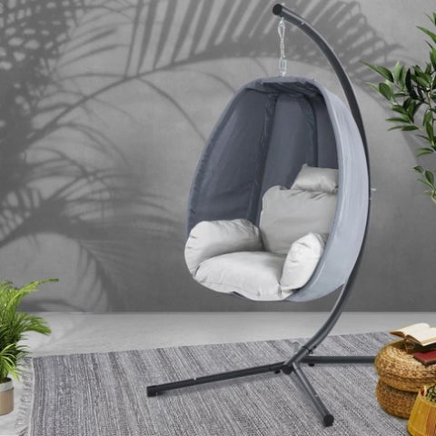 Gardeon Outdoor Egg Swing Chair Patio Furniture Pod Stand Canopy Foldable Grey HM-EGG-FOLD-S-GREY