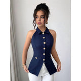 Women'S Halter Neck Vest with Lapel Collar and Button Down Design for Business Casual Wear XXL V1192-AZ-W-20750