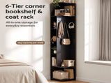 Artiss Corner Bookshelf 6-Tier Shelving with Coat Rack Black FUR-AE-DS-COR-BK