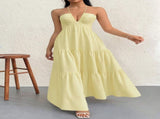 Apricot L Size Women's Elegant Halter Maxi Dress Summer Backless V-Neck Sleeveless Long Beach Resort V888-ELOSUNG41124