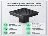 15x15cm Square Shower Drain with Grid Pattern Grate Matte Black 304SS, CUPC Certified with Hair V63-955601