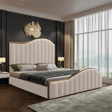 Elegant Luxury King Size Bedframe in Beige with Gas Lift Storage Velvet Fabric Golden Trim V357-STARSHINE-KING-BEIGE