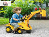 Yellow children's ride-on excavator puller, with horn, under-seat storage space, sit-and-slide V1197-WJ-071701