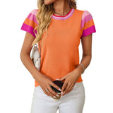 Women's Short Sleeve Color Block Tops Crewneck Pullover Sweater Knit Clothes Top for Casual Beach V1366-AZ2-W-14491