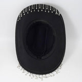 Western Cowboy Hat with Rhinestone Tassel Fringe - Black Felt-Style Party Hat with Decorative Chain V888-ELOSUNG57118-2
