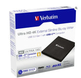 Verbatim External Slim Blue-ray Writer Ultra HD 4K Type-C Connection, USB 3.1 Gen1. Includes Nero V1202-V2-USV-43888