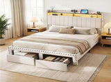 Artiss Queen Upholstered Bed Frame with Shelf Storage Drawers Charging Station Mood Lighting Linen BFRAME-G-NOUVEA-Q-BG-ABC