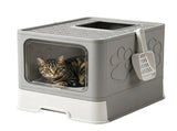 CARLA HOME Foldable Enclosed Cat Litter Box with Scoop - Grey - Plastic - Kitty Litter Tray LSB-36497
