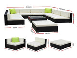 Gardeon 10-Piece Outdoor Sofa Set Wicker Couch Lounge Setting Cover FF-SOFA-BK-10PC-ABCE