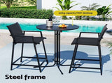 Gardeon 3PC Outdoor Bar Set Stools Dining Chairs Table Patio Furniture Bistro Set Steel Black ODF-BARSET-3TEX-BK