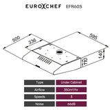 EUROCHEF 60cm Fixed Stainless Steel Rangehood, Quiet 3-Speed, 4-Layer Dishwashable Filters, Halogen V219-RGHFIXEC67FA