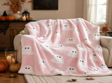 Soft Flannel 2D Ghost Print Throw Blanket, Pink Cute Ghost Plush Blanket, Cozy Lightweight Polyester V1366-AZ2-W-24793