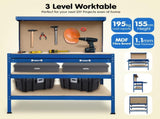 3-Layered Work Bench Garage Storage Table Tool Shop Shelf Blue TBL-3LY-WH-BU