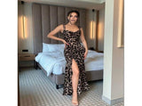 Women's Leopard Print Bodycon Dresses Spaghetti Strap Long Maxi Drawstring Slit Ruched Dress for V1366-AZ2-W-14602