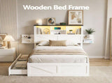 Artiss King Single Bed Frame with Storage Drawers White Platform Bedframe with Bookcase Headboard WBED-F-LUMEX-KS-WH-AB