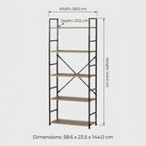 CARLA HOME 5 Tier Bookshelf - Industrial Display Shelf - Brown - Rustic - Steel - Living Room Office V178-36414