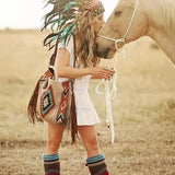 Bohemian Style Canvas Hobo Bag with Tassels & Geometric Print - Large Capacity Shoulder Bag V888-ELOSUNG29790