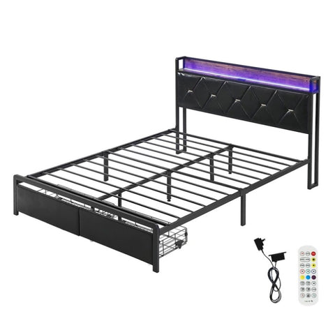 Levede Double Metal Bed Frame LED Lights 2 Drawers BF1064-D