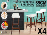 4X Wooden Bar Stool Dining Chair Leather SOPHIA 65cm WHITE BROWN V274-FT-WBSPU-75WH4-BNP