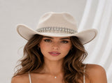 Rhinestone Cowboy Hat - Beige Western Hat with Iridescent Gemstone Fringe Band, Wide Curved Brim for V888-ELOSUNG57116-2