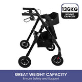 Orthonica Foldable Mobility Steel Rollator Walker 136kg Max Capacity Aid Seat FRW-MAS-029-BK