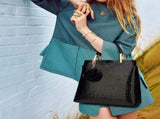 Black Patent PU Leather Crocodile Embossed Shell Bag with Floral Pendant V888-ELOSUNG42048