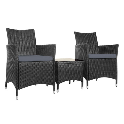 Gardeon 3PC Outdoor Bistro Set Patio Furniture Wicker Chairs Table Cushion All Black ODF-BISTRO-RATTAN-S-BK