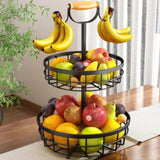 2-Tier Fruit Basket Bowl Storage with Wood Lift Handle and Dual Banana Tree Hanger for Kitchen V178-36086