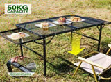 Folding Grill Table 135x60cm Portable Height Adjustable Camping Table with 2 Wing Panels Mesh V985-GRILLTABLE