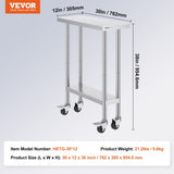 Stainless Steel Work Table 30 x 12 x 38 Inch, with 4 Wheels, 3 Adjustable Height Levels, Heavy Duty V952-CFBXGGZTLCDJEZMQSV0
