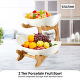 2 Tier Porcelain Fruit Bowl - Ceramic Vegetable Storage With Bamboo Stand V238-SUPDZ-40824930762832