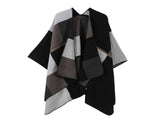 Simple Daily Faux Cashmere Cape, Geometric Square Block Colour Pattern, Black V1221-XM-LB2145-ZS57