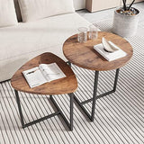 Nesting Side Tables Set of 2, Round End Tables with Rustic Brown Wood Look Top and Black Metal V1338-WAK0060