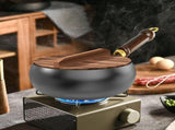 Hand Forged Uncoated Iron Frying Pan with Wooden Lid, Large Belly Wok for Searing and Sautng, V1366-AZ2-W-14769