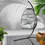 Gardeon Outdoor Egg Swing Chair Wicker Rope Furniture Pod Stand Cushion Grey HM-EGG-ROPE-S-GREY