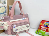 Women's Kawaii Pink Shoulder Bag with Cute Bear Plush Charm and 4 Badges Large Capacity Nylon Tote V888-ELOSUNG41085